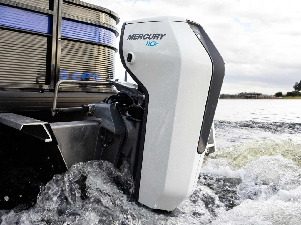 Boat with Mercury Avatar electric outboard