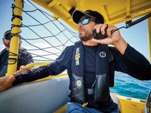 Boater using a VHF radio