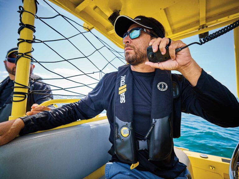 Boater using a VHF radio