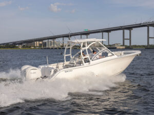 Sea Fox 288 Traveler running under a bridge