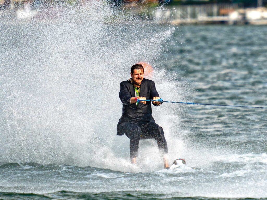 Skiing in a suit