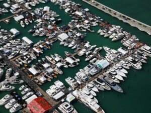 Boats along the docks at the Miami Boat Show