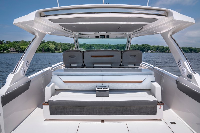 Tiara Sport 43 LS sofa-style seating behind leaning post