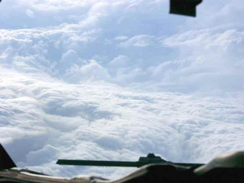 View inside the eye wall of a hurricane, as seen from a hurricane hunter aircraft.