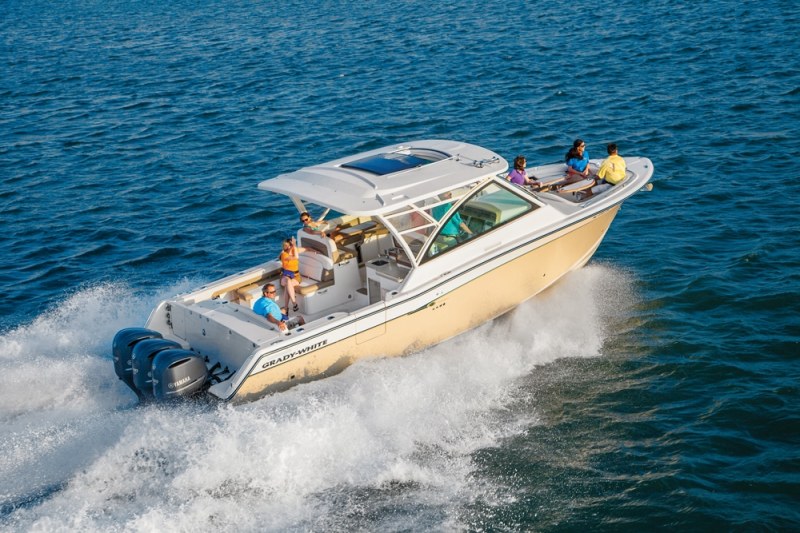 LOA: 36'7"
Beam: 13'2"
Draft (max): 2'5"
Displacement (approx.): 20,499 lb.
Transom Deadrise: 20.6 degrees
Max Cabin Headroom: 6'2" port; 6'3" starboard
Fuel Capacity: 320 gal.
Max Horsepower: 1,050
Available Power: Yamaha outboards