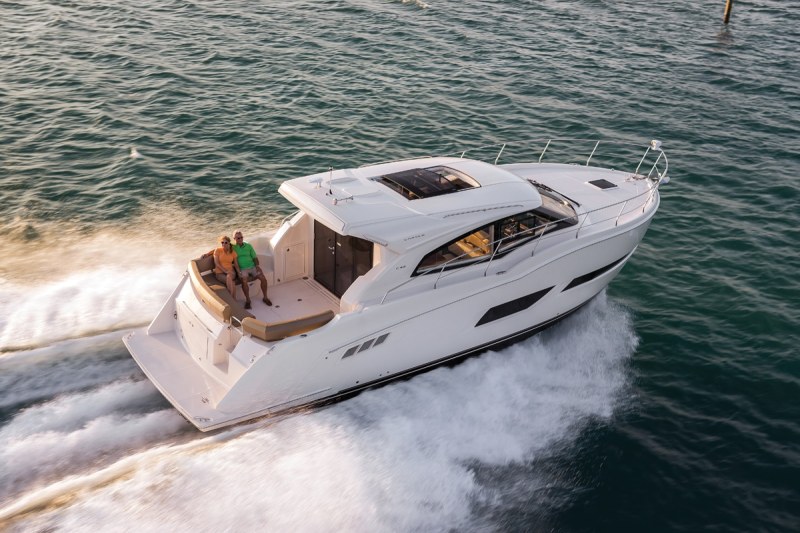 LOA: 42'0"
Beam: 13'10"
Draft: 3'7"
Displacement (approx.): 24,150 lb.
Deadrise: 14 degrees
Bridge Clearance: 10'10"
Max Cabin Headroom: 6'8"
Fuel Capacity: 350 gal.
Water Capacity: 131 gal.
Max Horsepower: 960
Available Power: Twin Cummins diesel
More Information: carveryachts.com