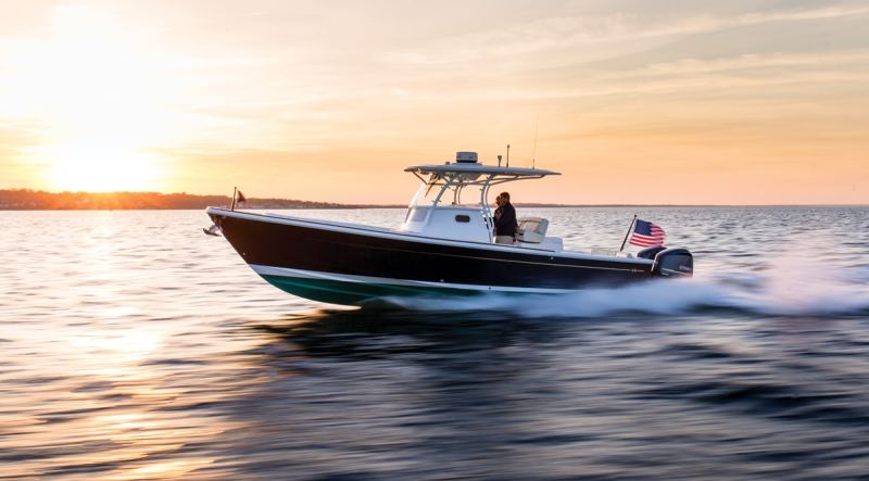 LOA: 32'1"
Beam: 10'6"
Draft (max): 2'1"
Displacement (approx.): 9,000 lb. (loaded and with power)
Transom Deadrise: 22 degrees
Bridge Clearance: 9'0"
Max Cabin Headroom: 6'0"
Fuel Capacity: 225 gal.
Max Horsepower: 600
Available Power: Twin outboard motors to 600 hp
More Information: huntyachts.com