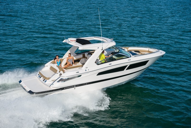 LOA: 35'0"
Beam: 10'10"
Draft (max): 3'5"
Displacement (approx.): 12,800 lb.
Transom Deadrise: 19 degrees
Bridge Clearance: 9'0"
Max Cabin Headroom: 6'2"
Fuel Capacity: 160 gal.
Water Capacity: 30 gal.
Max Horsepower: 860
Available Power: Single MerCruiser or Volvo Penta gasoline sterndrive engines to 860 hp total
More Information: fourwinns.com