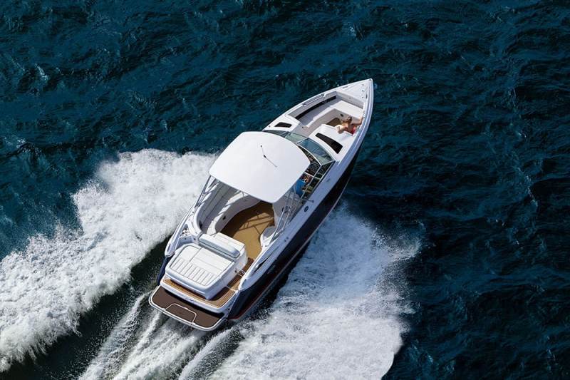 The Cobalt 336 is a beauty on the go or at rest, with space for all. LOA: 32'10"Beam: 10'7"Draft (max): 2'11" (drive down)Displacement (approx.): 12,300 lb.Transom Deadrise: 22 degreesBridge Clearance: 8'10" with hardtopMax Cabin Headroom: 4'9"Fuel Capacity: 154 gal.Max Horsepower: 720Available Power: Twin MerCruiser or Volvo Penta sterndrives to 850 hp total; twin Volvo Penta diesel sterndrives to 860 hp total _**See more photos of the Cobalt 336.**_