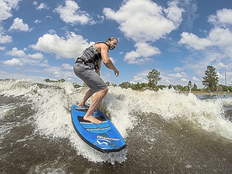 Travis Moye, owner and instructor, wakesurfing on the private lakes of The Boarding School in Orlando, Florida.