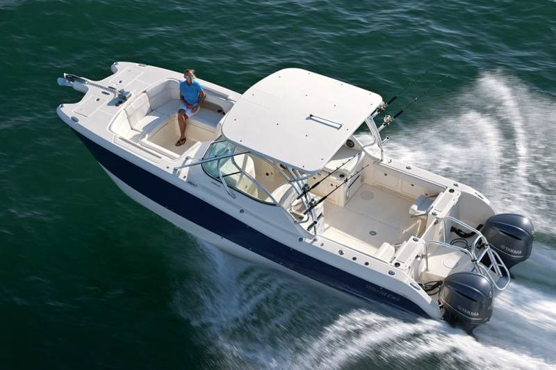 LOA: 29'1"
Beam: 9'6"
Draft (outboards up): 1'3"
Displacement (without power): 8,700 lb.
Bridge Clearance: 8'10"
Max Cabin Headroom: 4'10"
Fuel Capacity: 250 gal.
Water Capacity: 35 gal.
Max Horsepower: 500
Available Power: Twin Suzuki or Yamaha outboards up to 500 hp