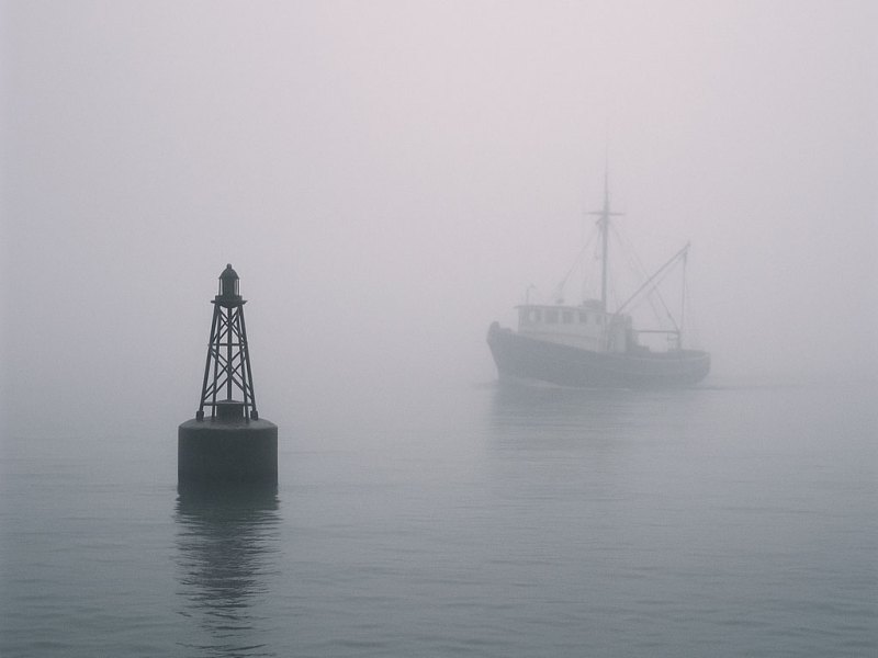 Boat idling in fog near buoy