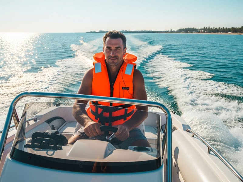 BTG725-USCG-PFD-1 Boater wearing life jacket while boating