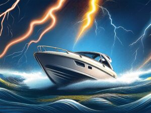 Boat heading out in a storm