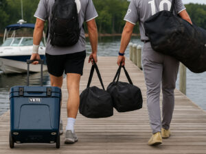 A YETI cooler on a dock with a boat in the background