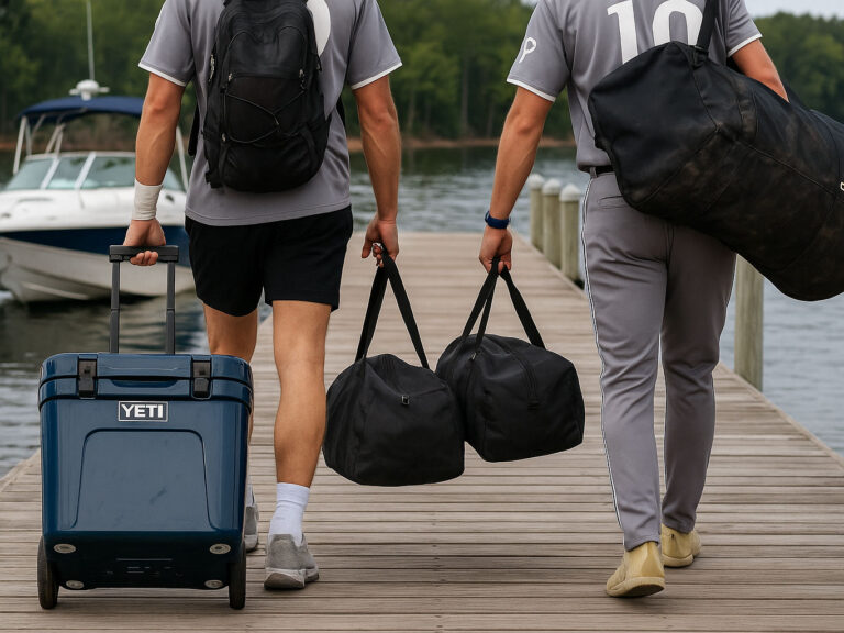 A YETI cooler on a dock with a boat in the background