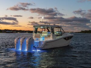 Boat at night with lights on