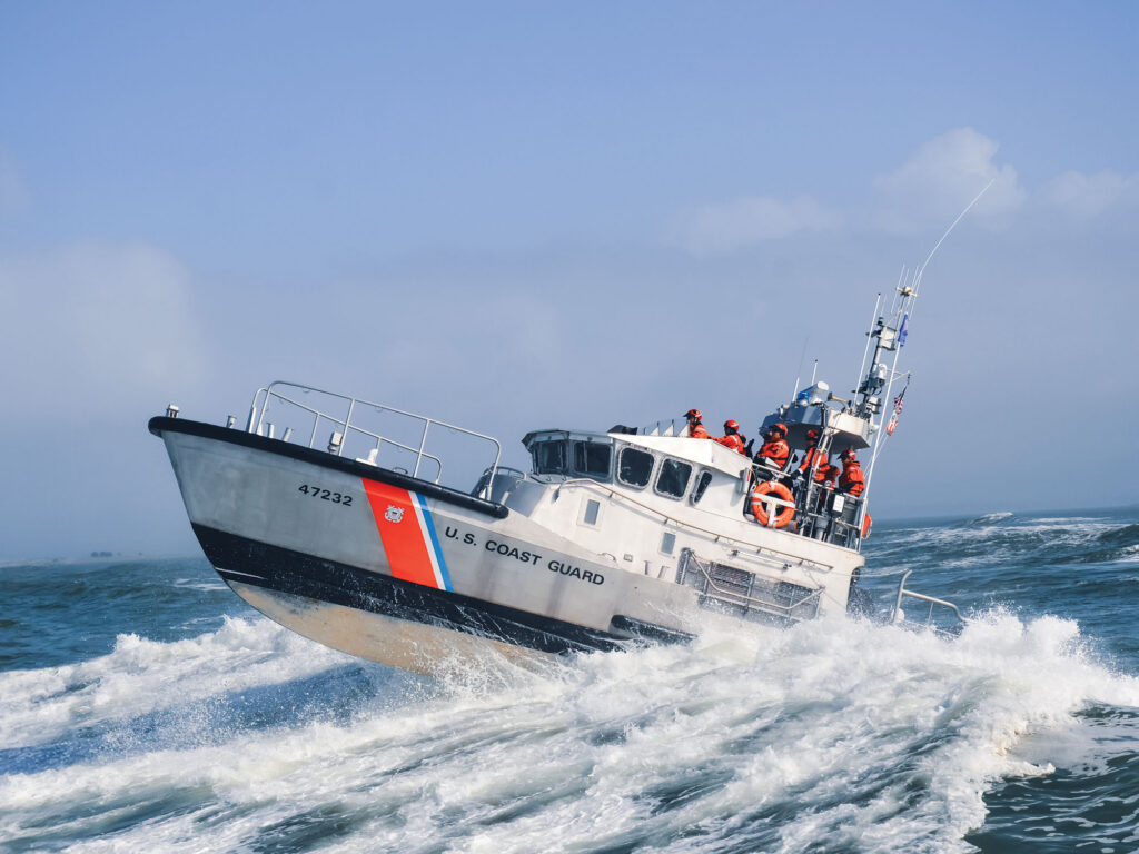 47-foot Motor Lifeboat (MLB) heading out through the waves