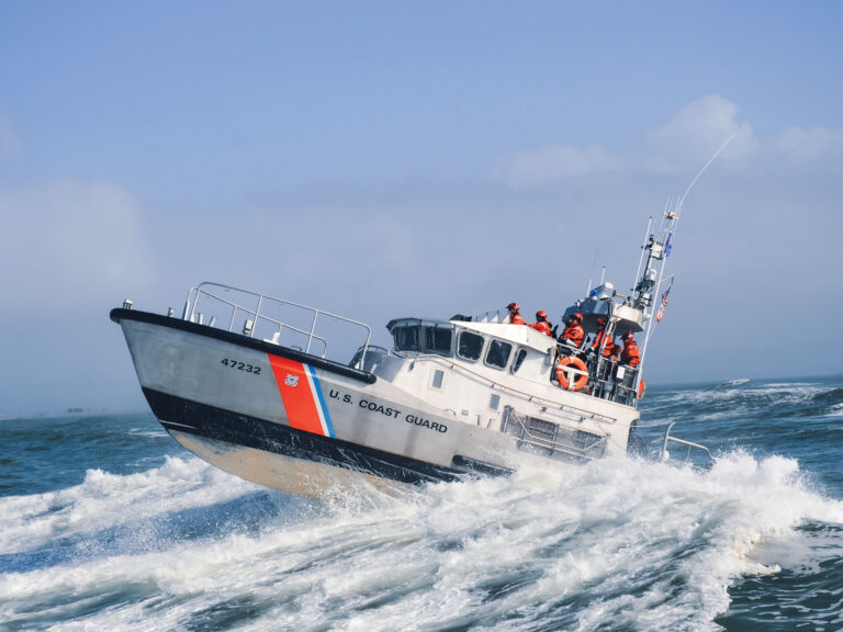 47-foot Motor Lifeboat (MLB) heading out through the waves