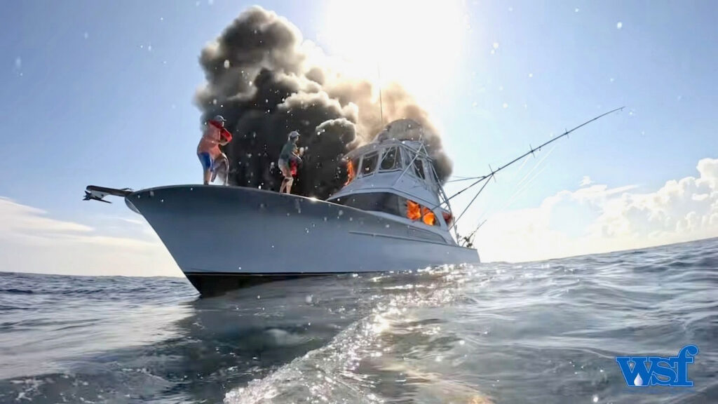 Crew leaping from burning sportfisher