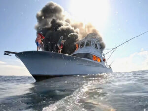 Crew leaping from burning sportfisher