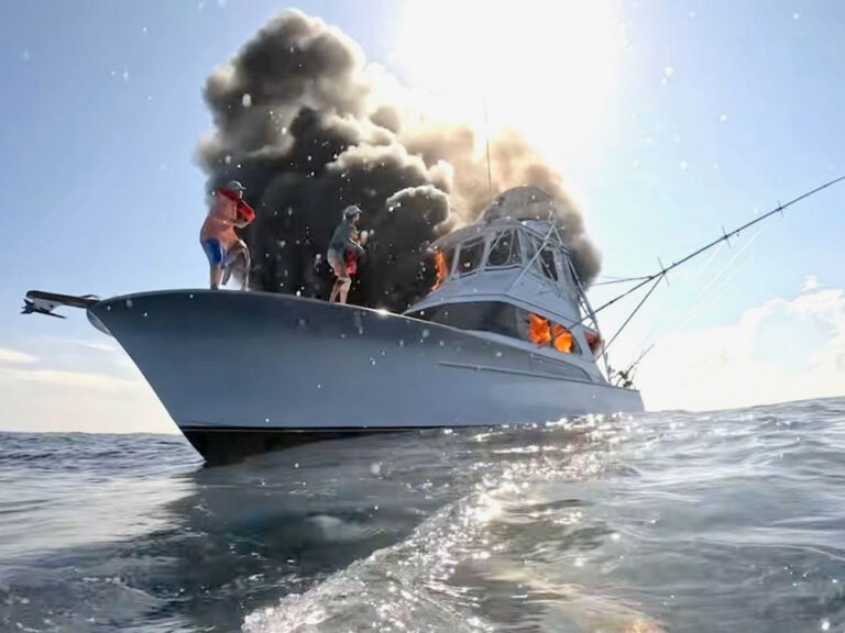 Crew leaping from burning sportfisher